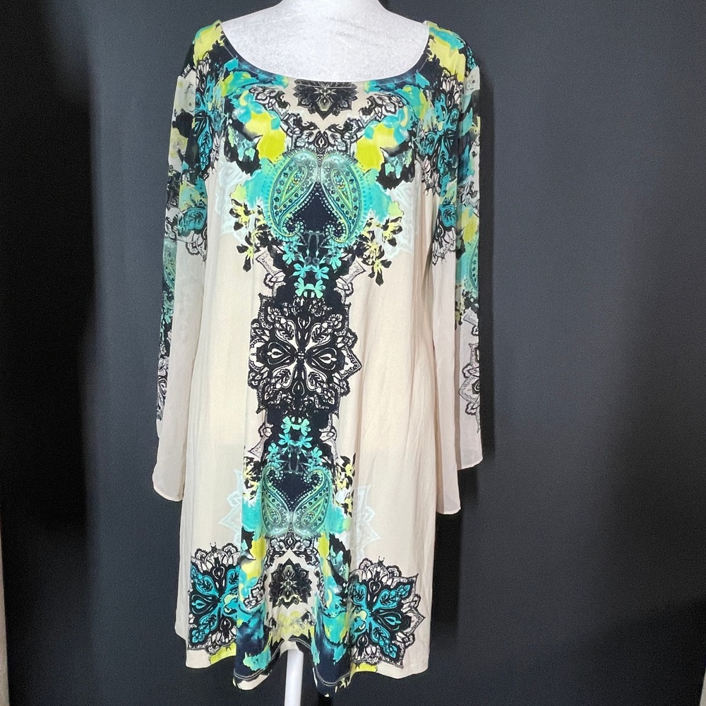 Lg Paisley Tunic Dress Oversized Scoop Neck Pullover Blouse Sheer Bell Sleeve